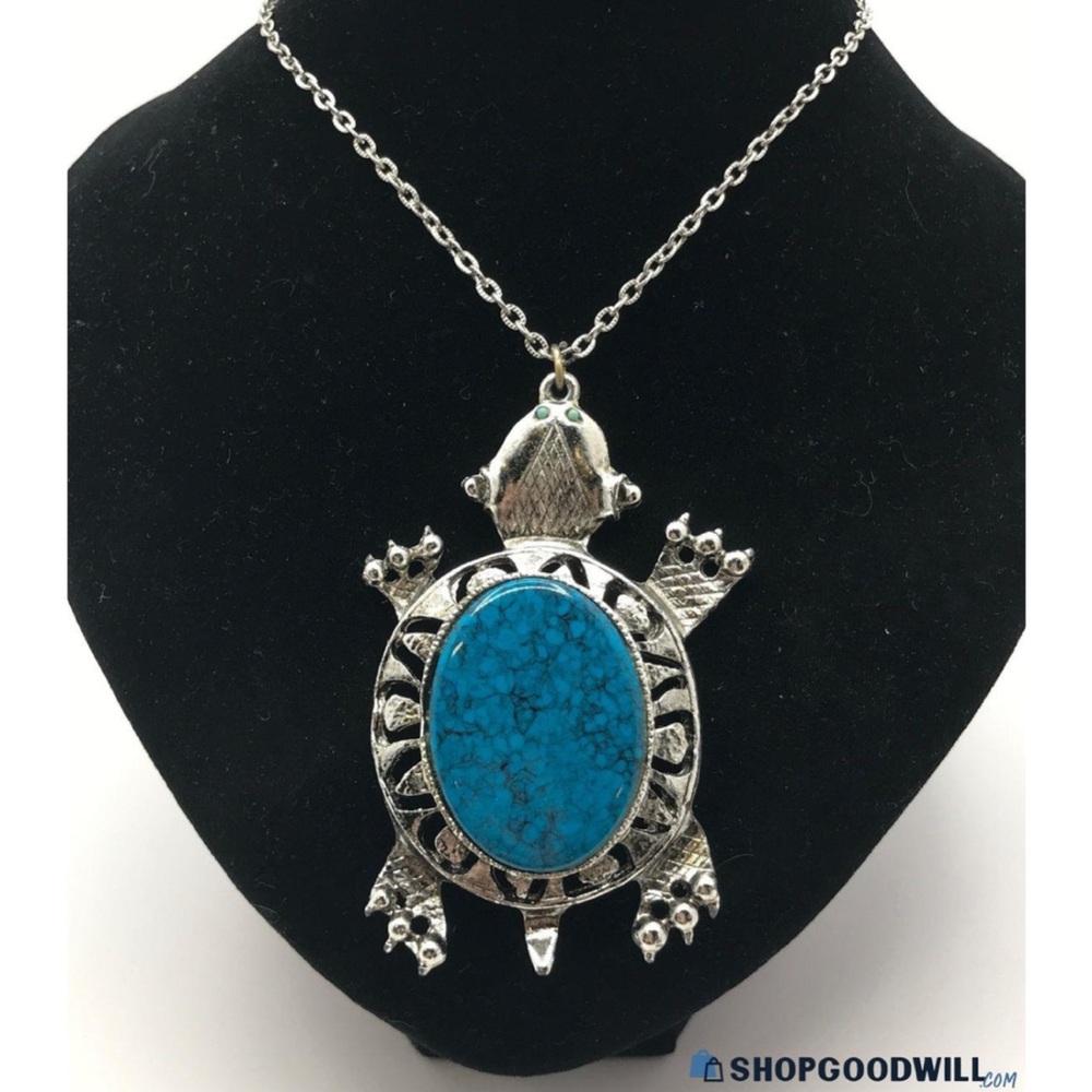 Silvertone Turtle Necklace with faux Turquoise Stone